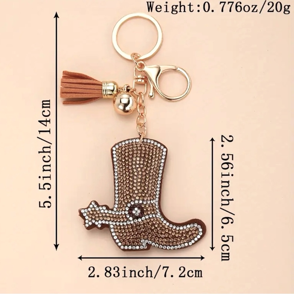 Cowgirl Boot, Gold & Brown Rhinestone-Encrusted Key Chain, Bag, & Car Charm - Picture 3 of 4